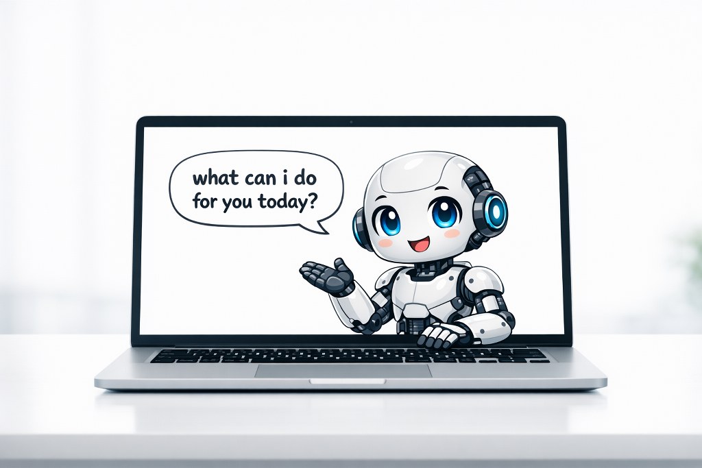 Cartoon AI agent politely greets user, asking what assistance is needed today.