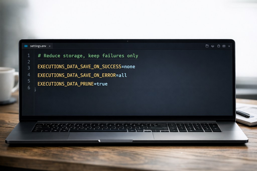 Code editor shows environment settings reducing storage, keeping failed executions only.