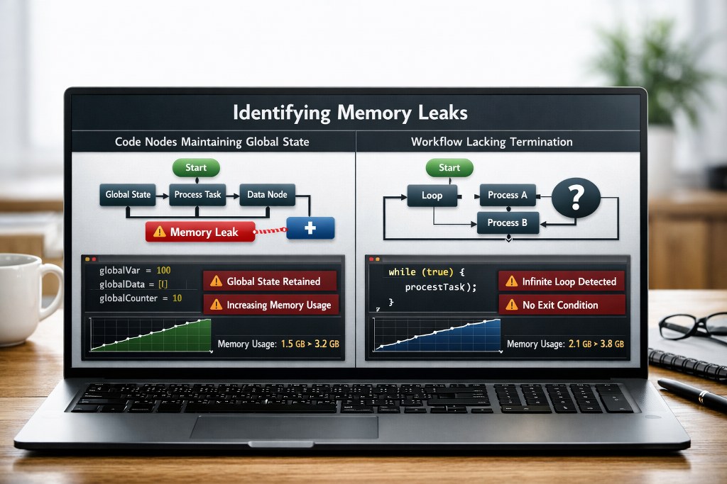 Code nodes retaining global states and workflows lacking termination cause persistent memory leaks.