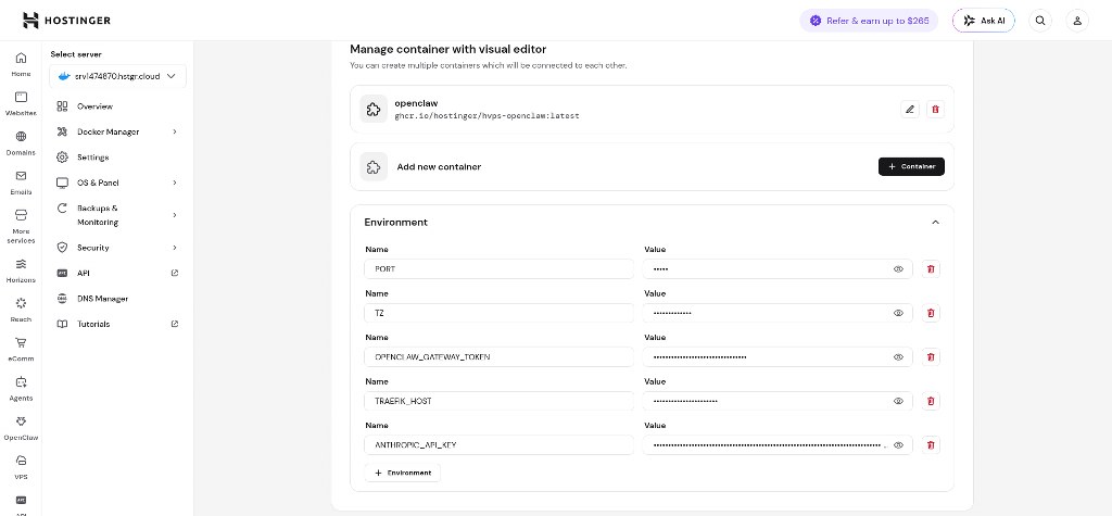 Configuring OpenClaw environment variables in Docker Manager