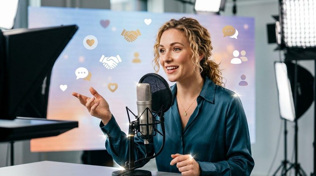 Content creator filming engaging video to humanize brand in studio.