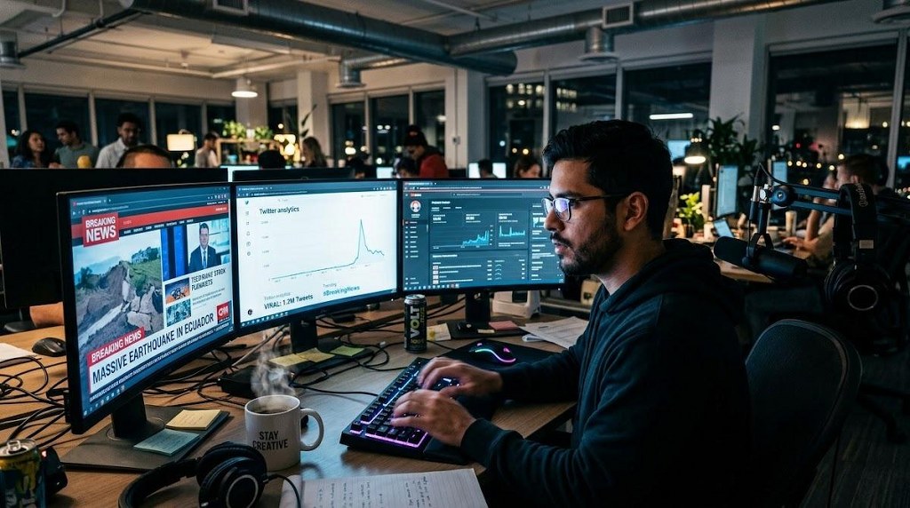 Content creator rapidly working on timely trending topics in a dynamic office setting.