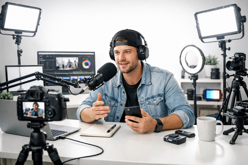 Content creator records engaging video using bright studio lights and equipment.