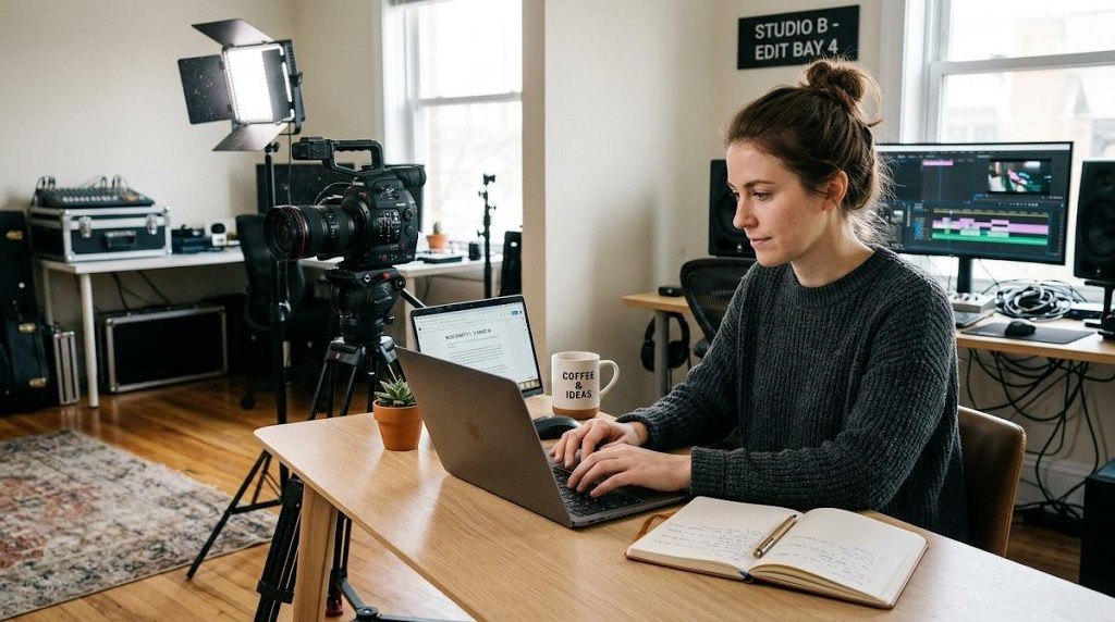 Contrast between simple blog writing desk and complex video production setup.