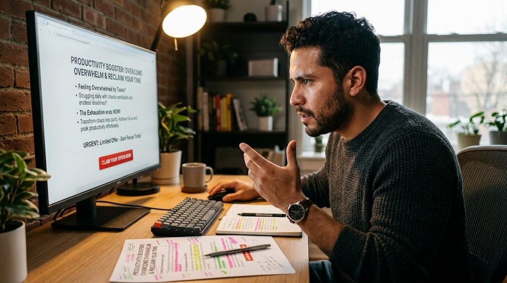 Copywriter developing customer-focused sales page with strong calls to action.