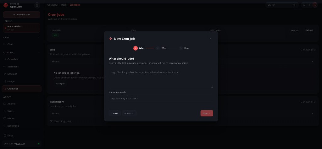 Creating automated cron jobs inside OpenClaw dashboard