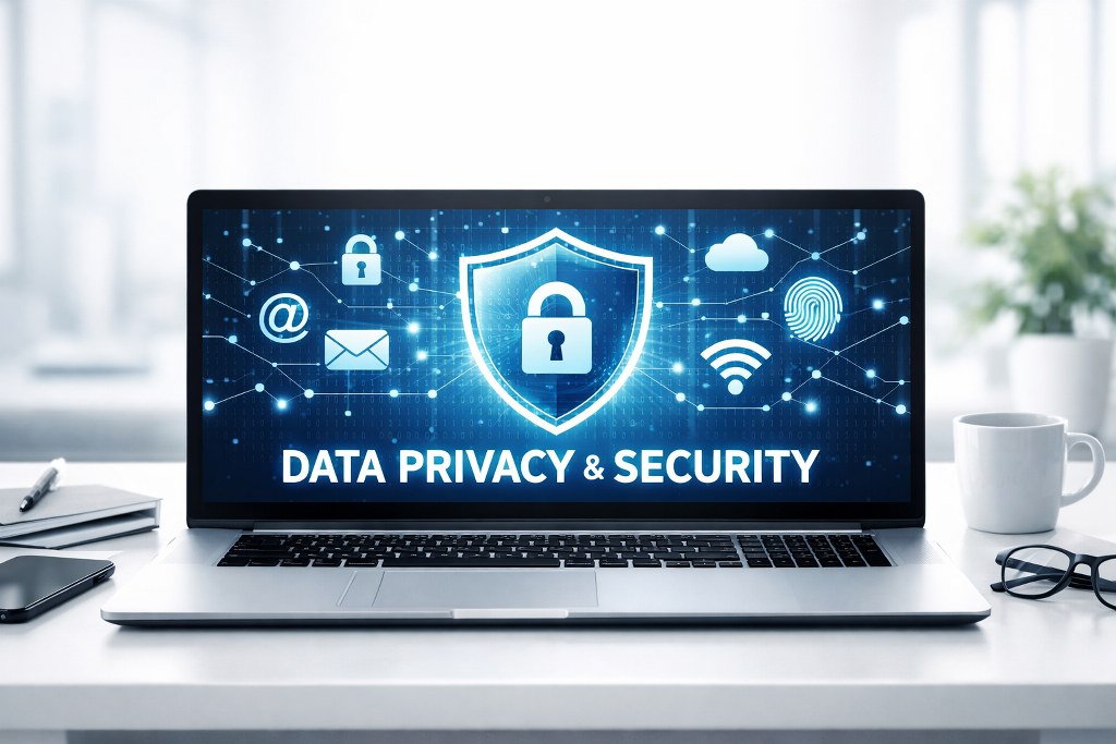 Data privacy and security concept on a laptop.
