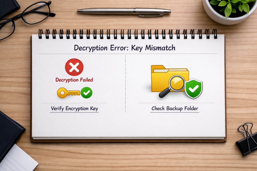 Decryption errors mean mismatched keys; verify env file and backup folder existence carefully.