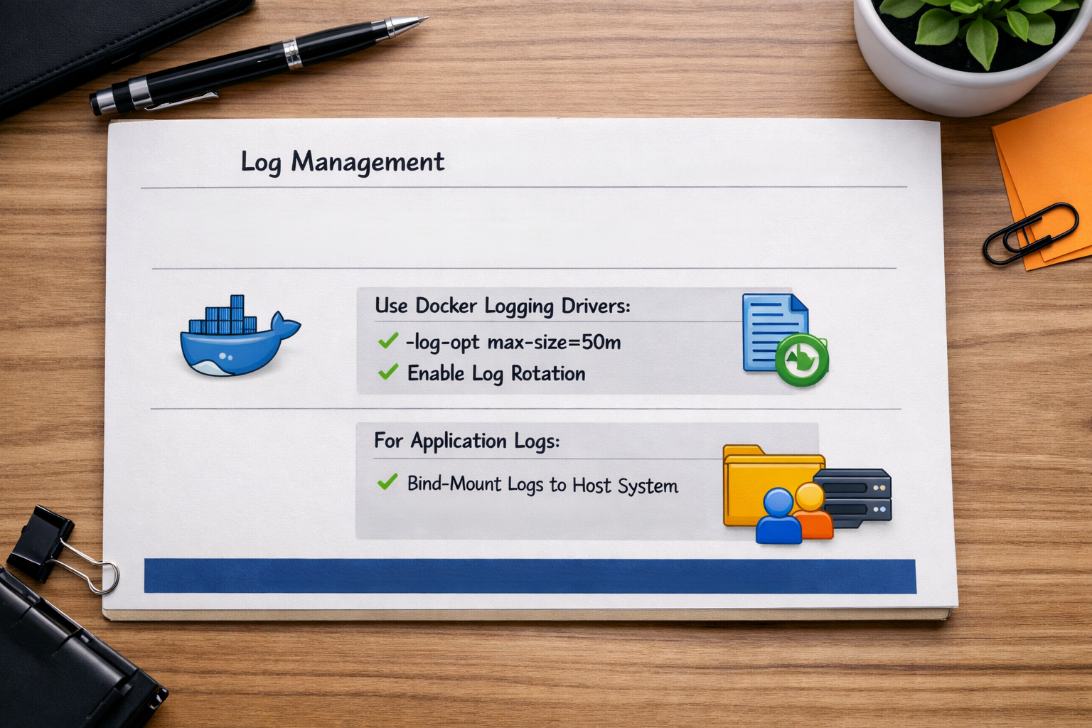 Docker log management preserves logs by rotation & host‑mounted volume persistence mapping.