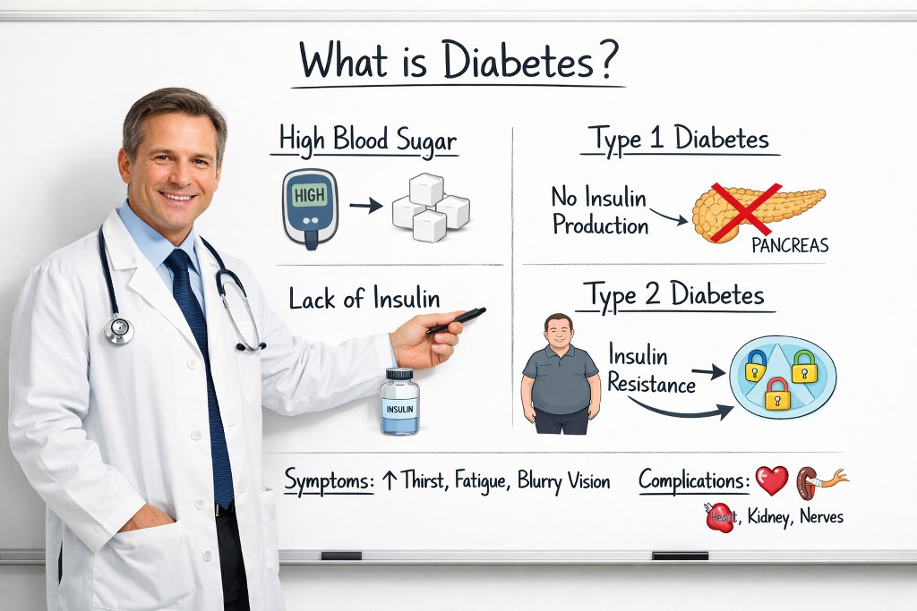 Doctor explaining diabetes types and symptoms on a whiteboard.