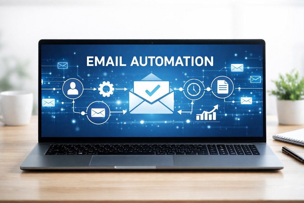 Email automation concept on a laptop.