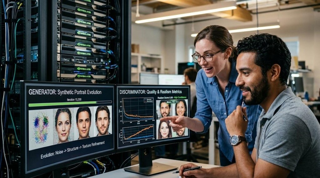 Engineers observing generative adversarial networks refine content through iterative feedback.