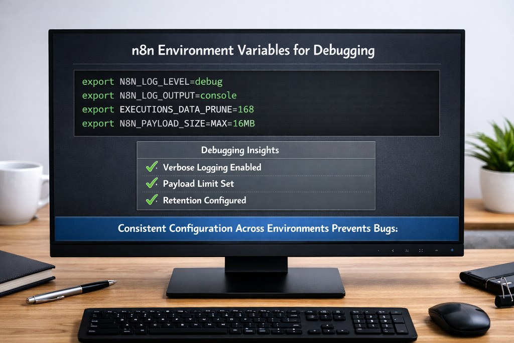 Environment variables define n8n debugging behavior, ensuring configuration across all environments.