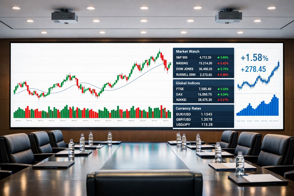 Financial markets data displayed on a conference room screen.