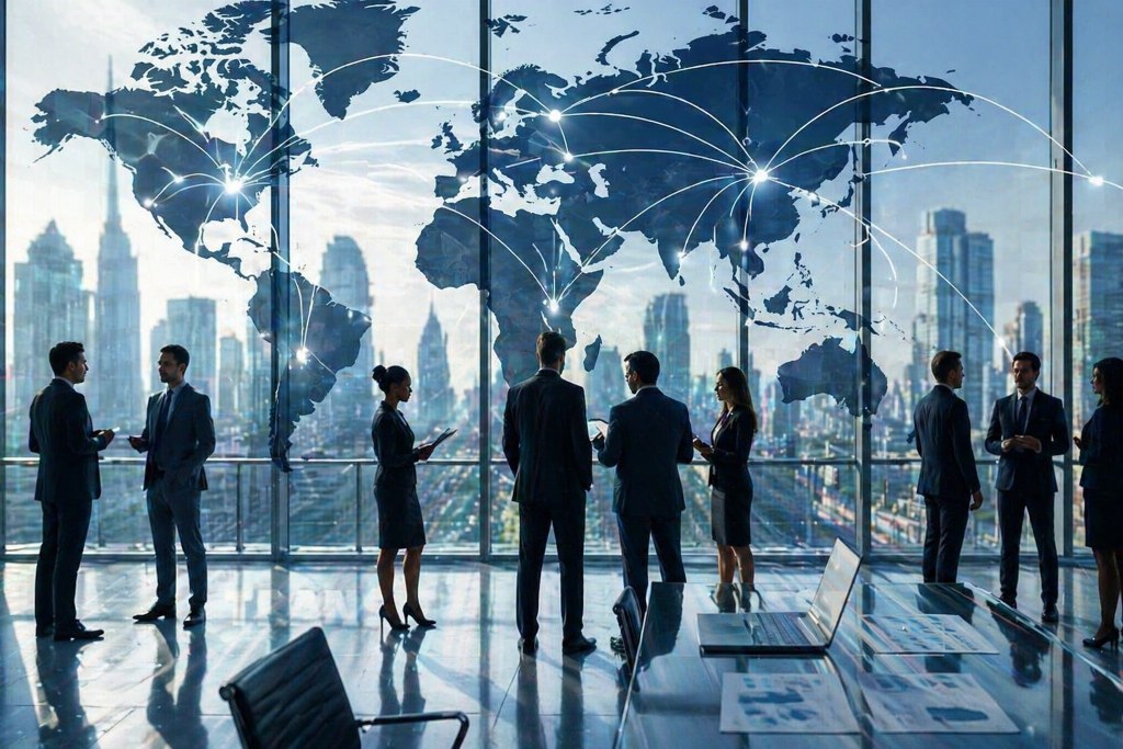 Global executives collaborate in a modern office with a world map highlighting international connections.