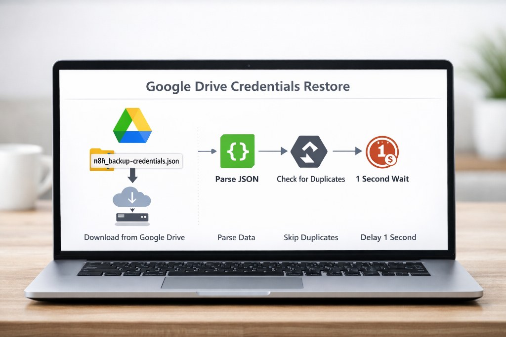 Google Drive restore workflow for credential recovery, duplicate prevention, & stable API performance.