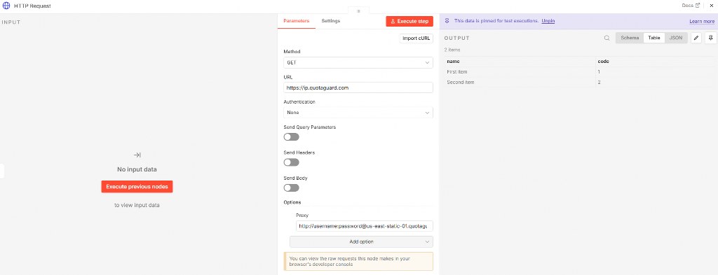 HTTP Request node configured with proxy to control outbound traffic routing.