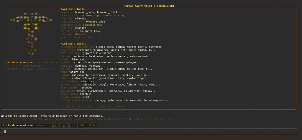 Hermes Agent CLI showing the active session