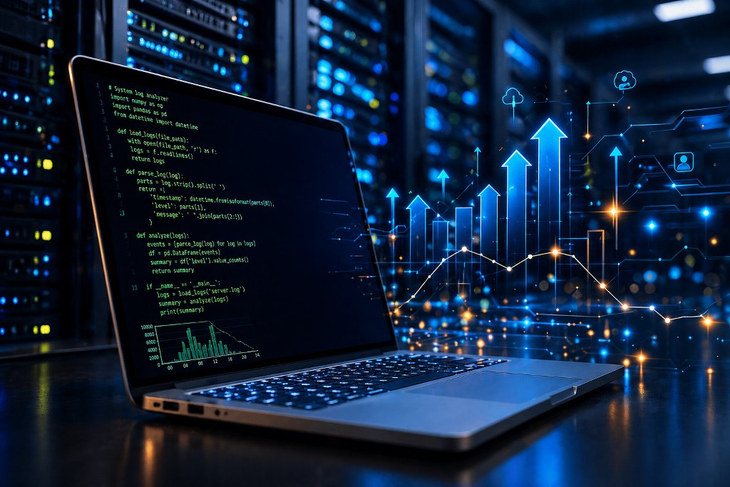 High-tech data center with laptop and charts.