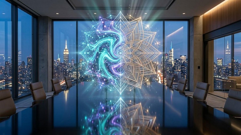 Holographic fusion of generative and rule-based AI forming a harmonious crystalline structure in a modern boardroom.