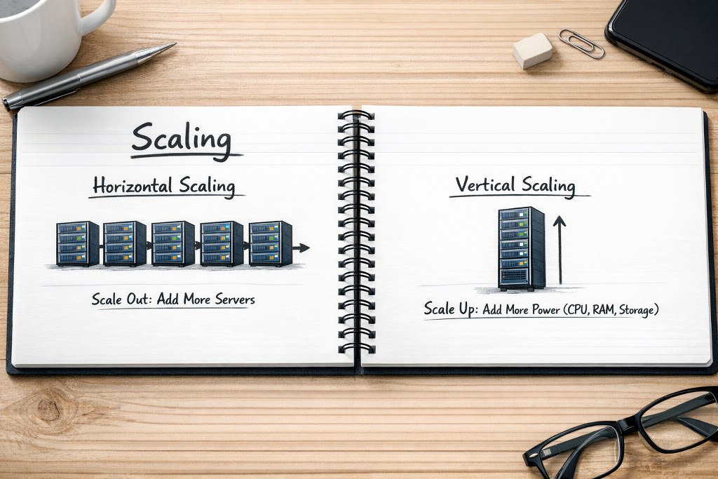 Horizontal vs Vertical scaling illustration.