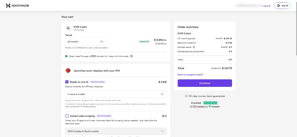Hostinger VPS checkout with OpenClaw add-on enabled