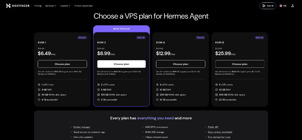 Hostinger VPS plan selection page for Hermes Agent showing KVM tiers side by side with specs