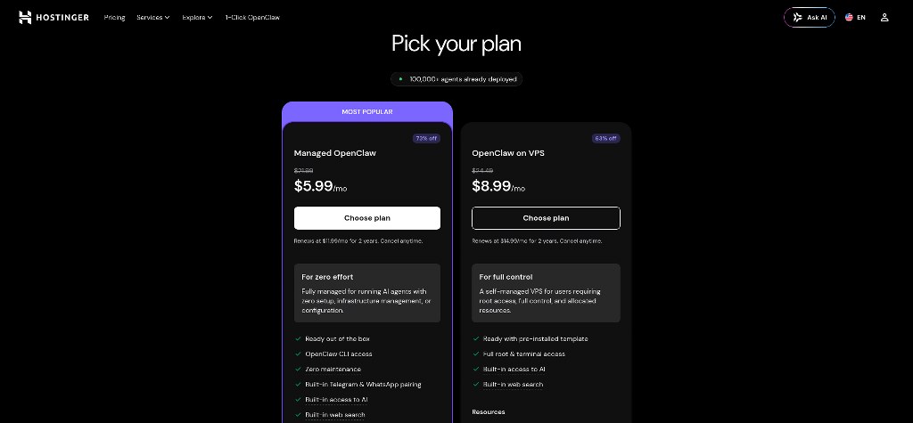 Hostinger plan selection page for OpenClaw, showing tiers side by side with specs