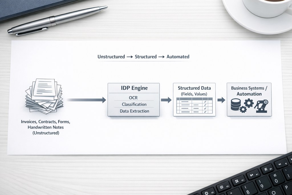 IDP transforms unstructured invoices into structured data for automated workflows.