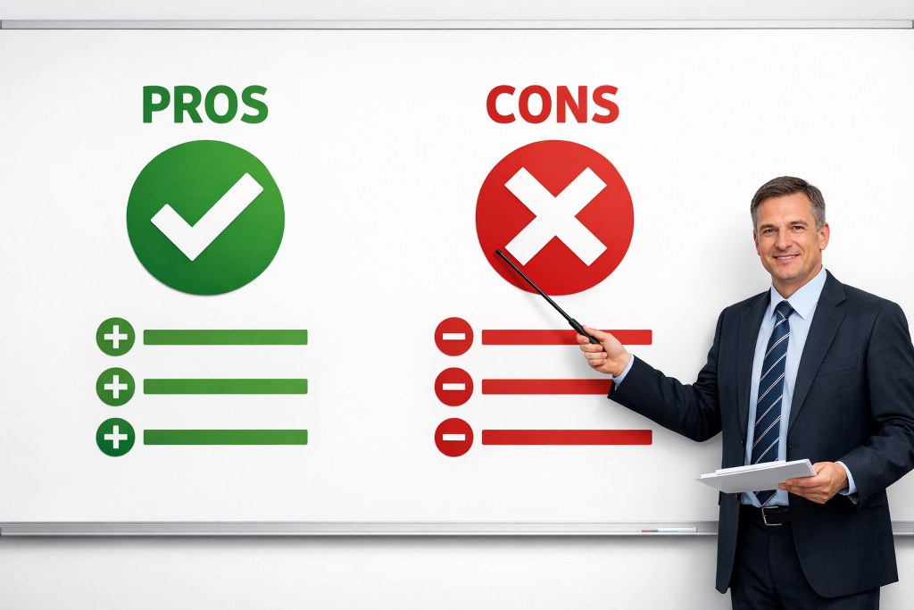 Instructor highlights pros and cons icons on bright whiteboard presentation.