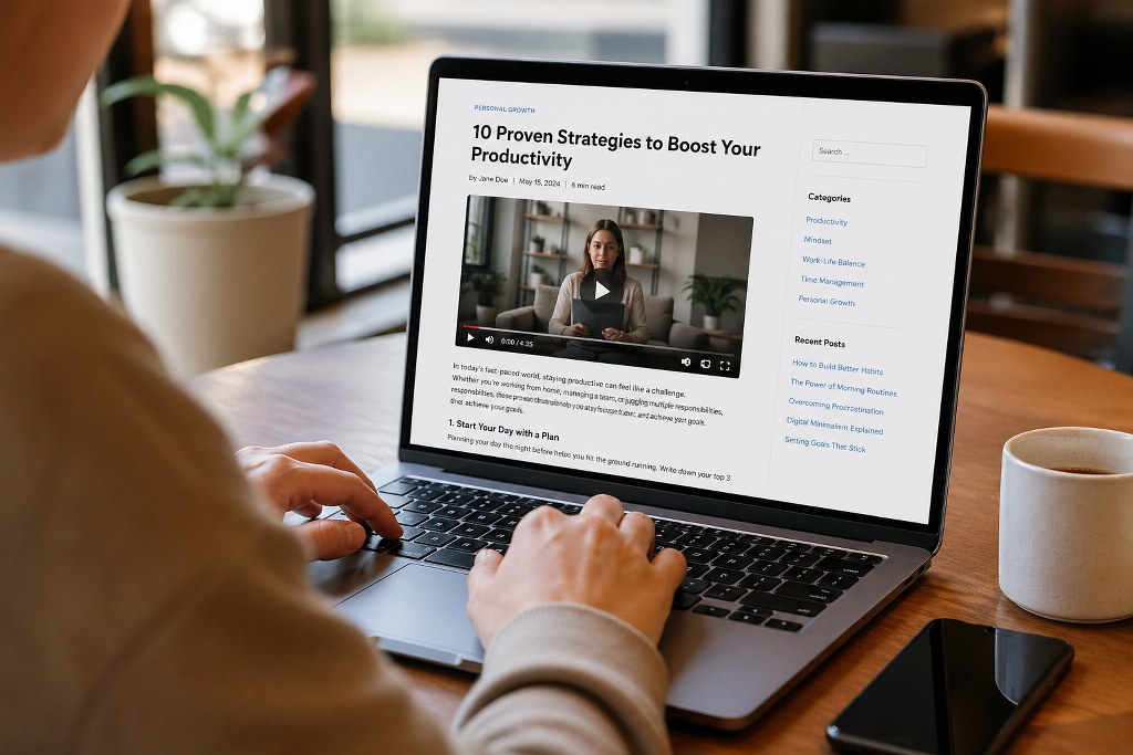 Laptop displaying blog post with embedded video for enhanced engagement.
