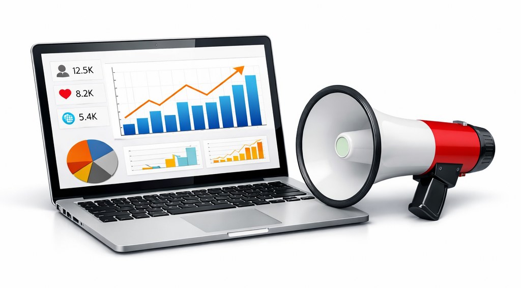 Laptop displays marketing analytics beside megaphone symbolizing amplified digital communication.
