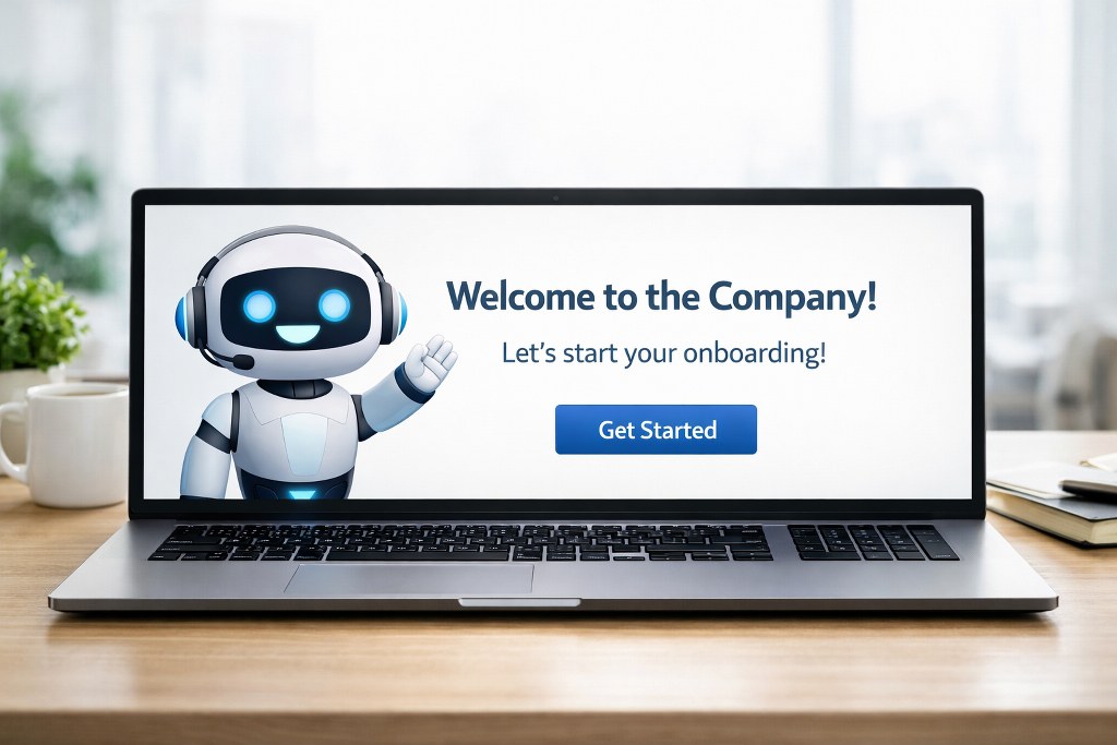 Laptop shows chatbot welcoming new employee, starting onboarding process with friendly message.