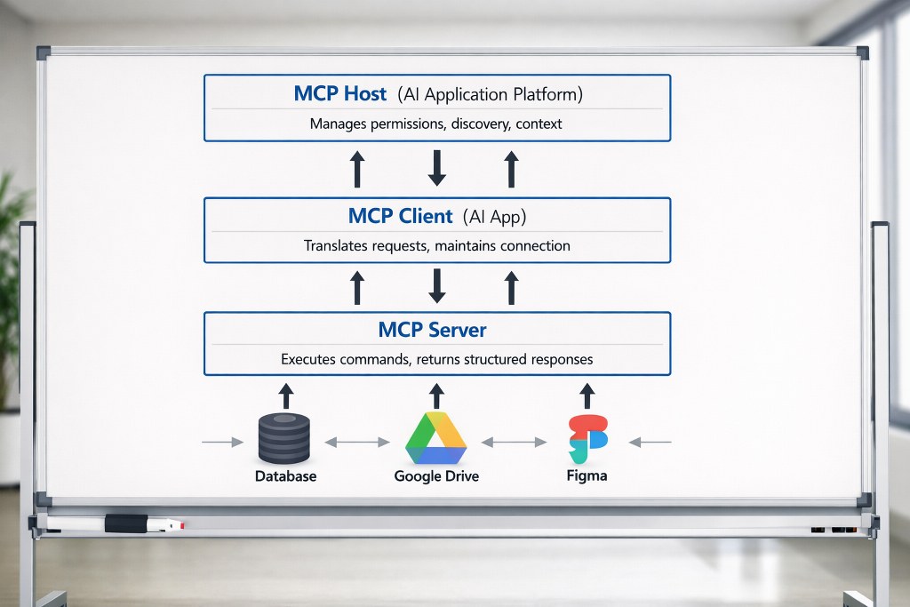 Layered MCP architecture linking host, client, server, and external systems seamlessly.