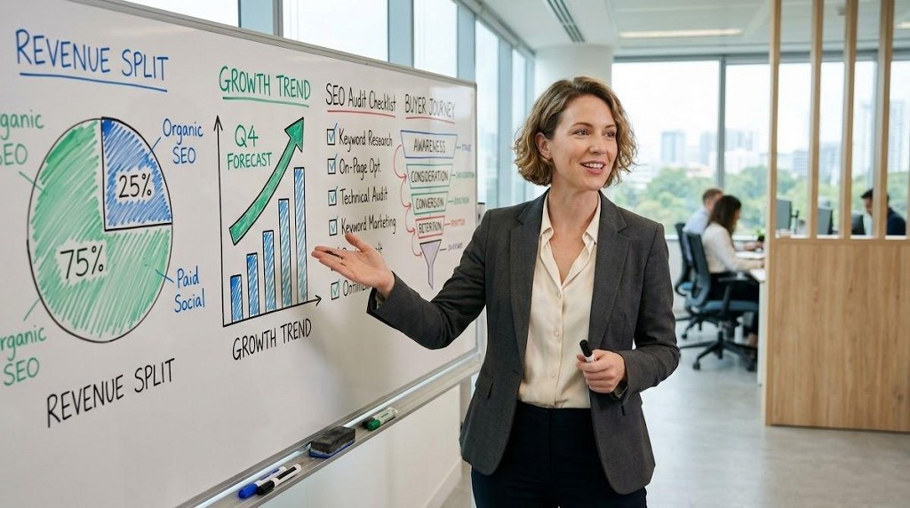 Marketer illustrating key content strategy elements on a detailed whiteboard in a modern office.