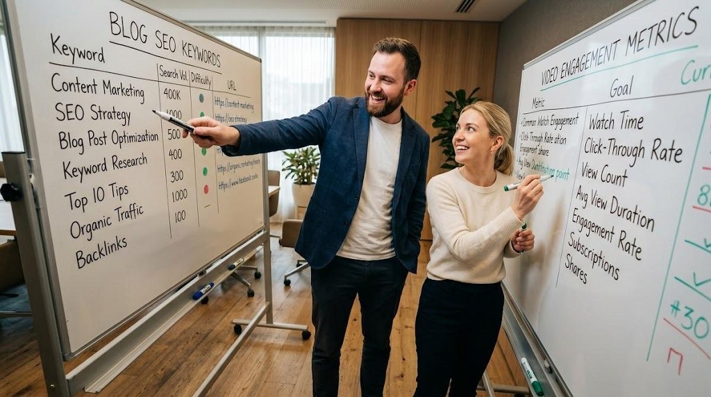 Marketers collaborating on whiteboard combining blog and video strategies in conference room.