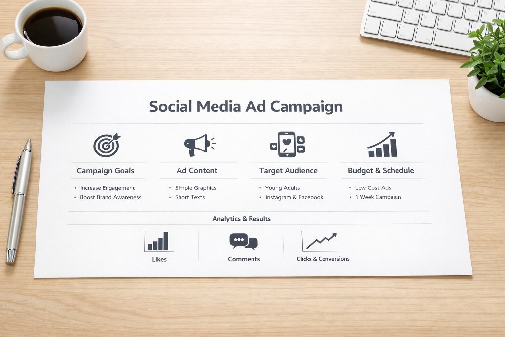 Minimal social media ad campaign concept displayed on bright workspace table surface.