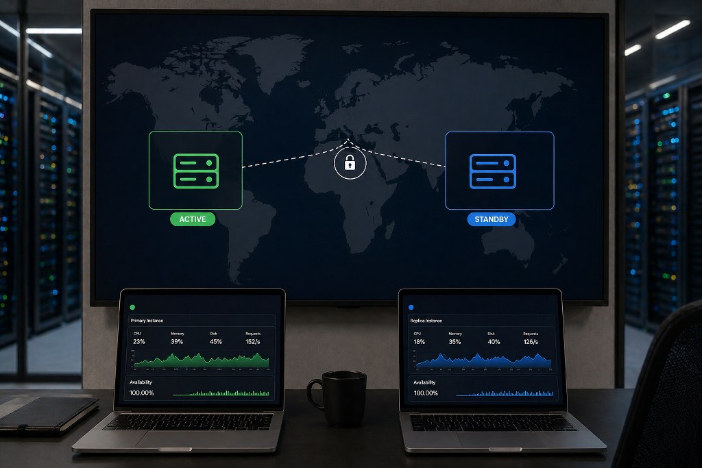 Modern server room with dashboard UIs.