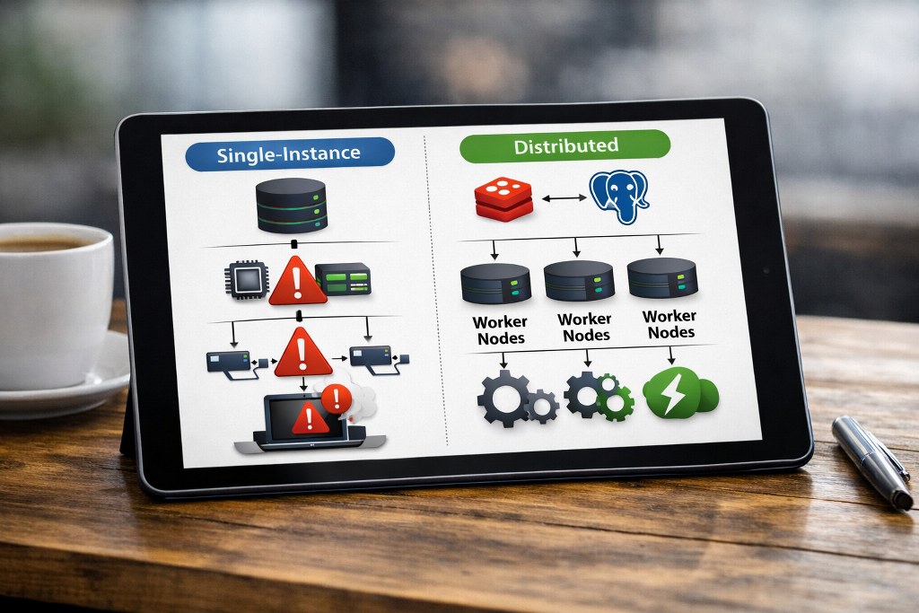 Monolithic single-instance versus scalable distributed multi-node execution design.