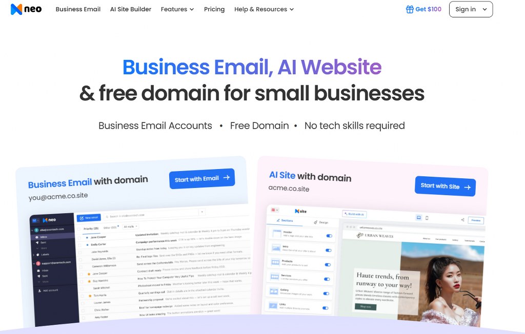 Neo Mail website homepage.
