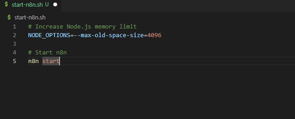 Node.js memory limit configured using environment variable for performance tuning.