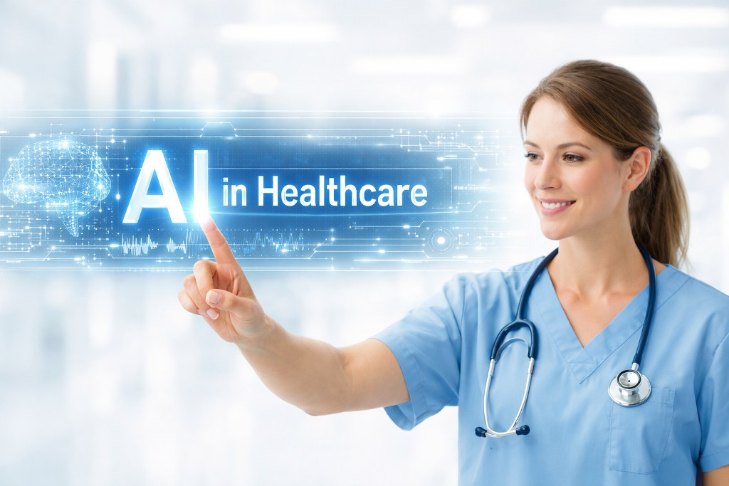 Nurse activates holographic interface advancing AI-driven precision in modern healthcare systems.