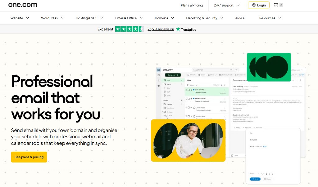 One.com webpage for creating professional emails.
