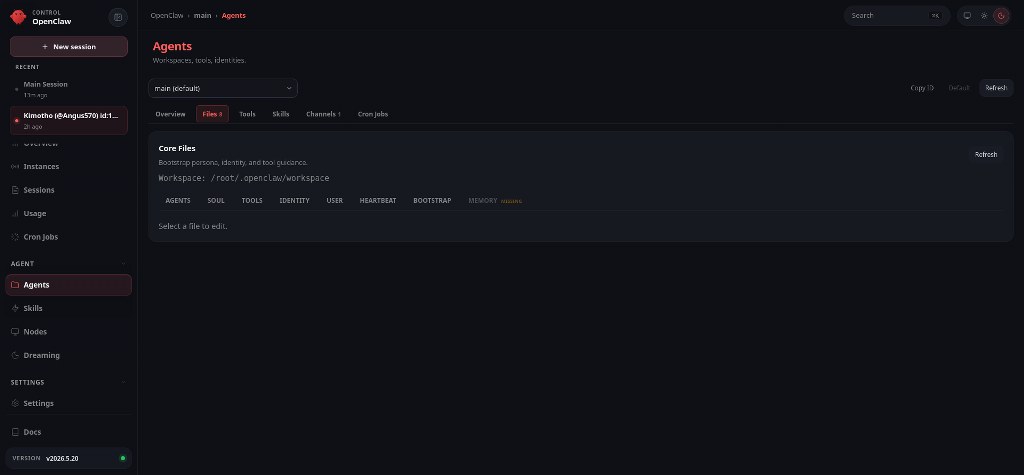 OpenClaw Agents panel with workspace files and tools