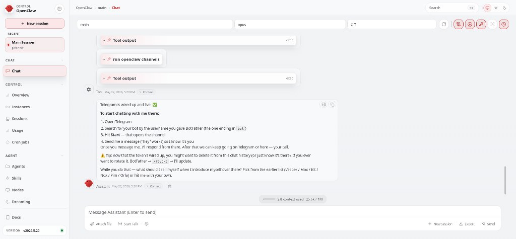 OpenClaw chat interface in light mode after Telegram setup