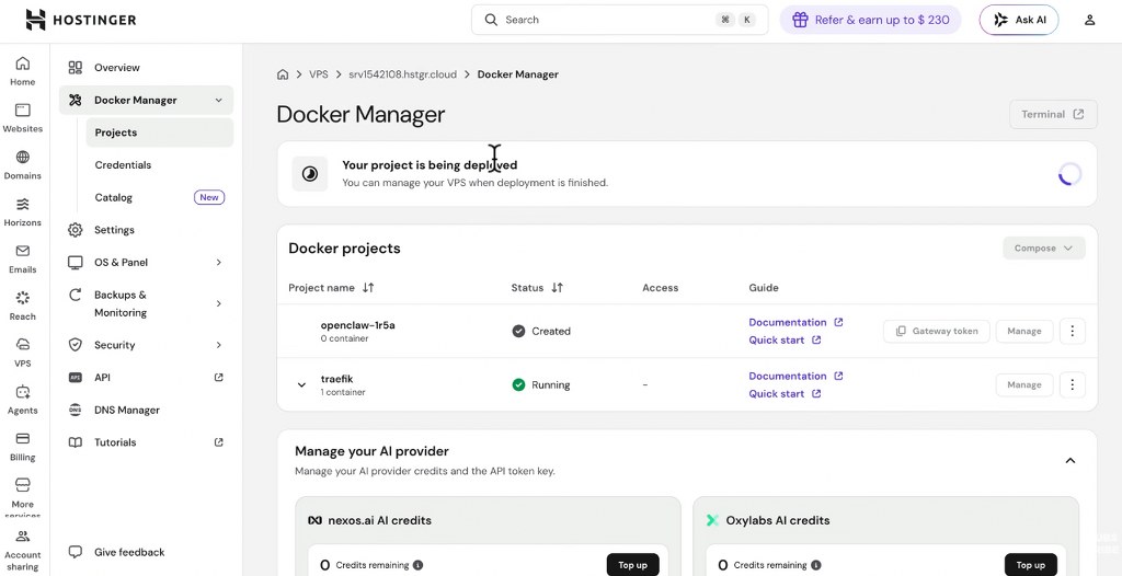 OpenClaw project deployment in Hostinger Docker Manager