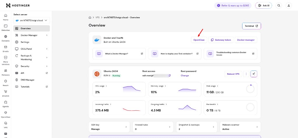 Opening OpenClaw dashboard from Hostinger VPS overview