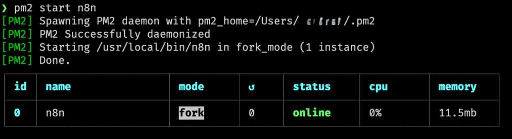PM2 launches n8n in fork mode, keeping the workflow engine running.