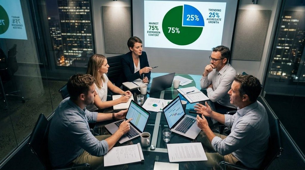 Professionals reviewing 75_25 content mix pie chart in a strategy meeting.