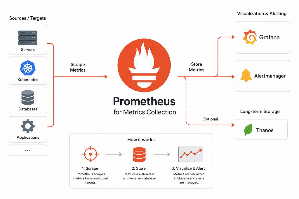 Prometheus metrics collection workflow diagram.